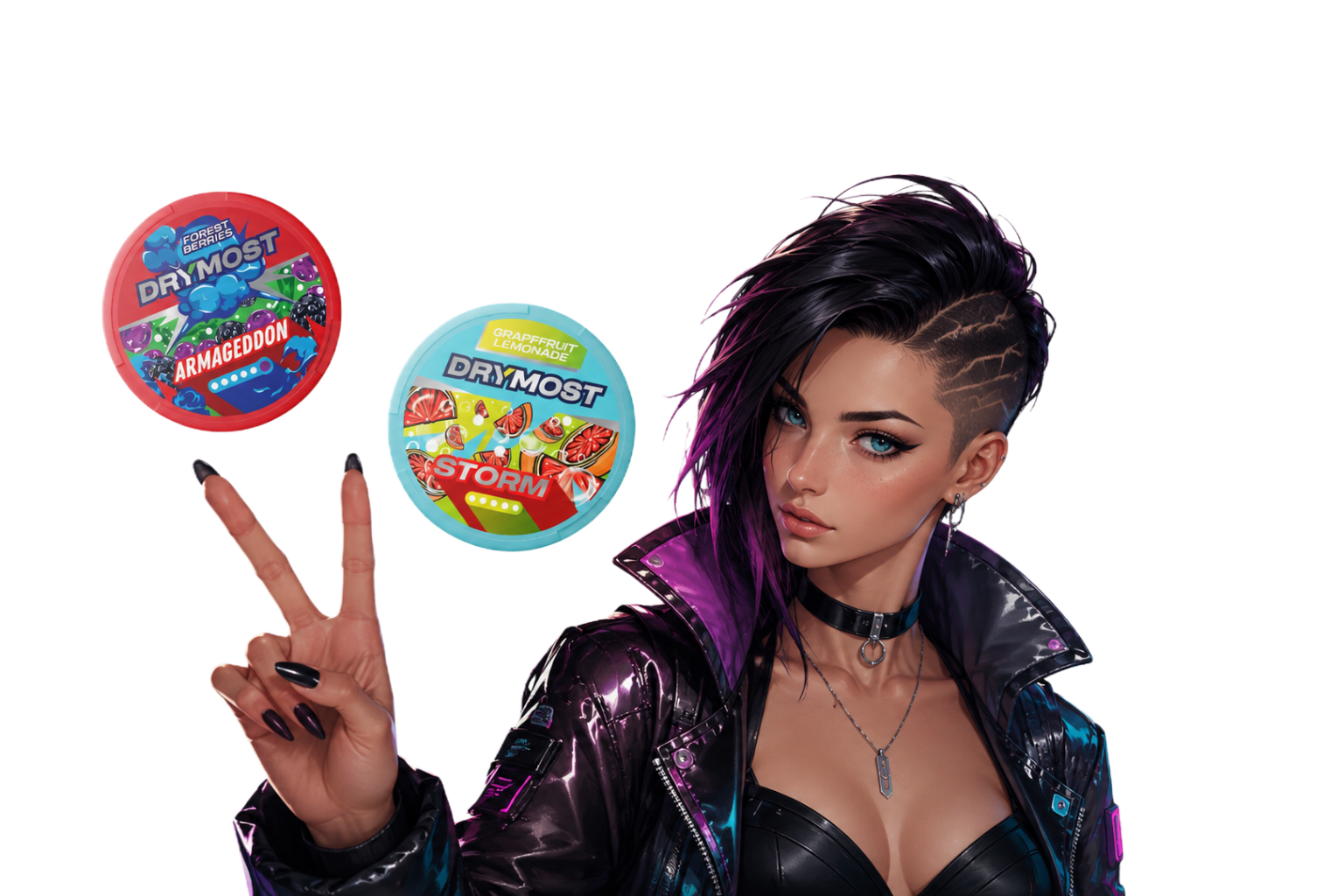Cyberpunk-Charakter von DRYMOST mit Premium-Vaping-Modellen